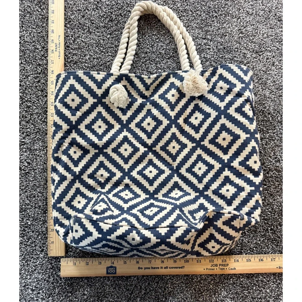 Summer & Rose Canvas Tote Bag Navy Blue White Geometric Diamond Rope Handle